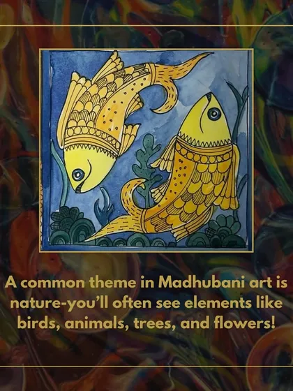 Nature is a common theme in Madhubani art. You'll often see elements like birds, animals, trees, and flowers, like these beautifully patterned fish.