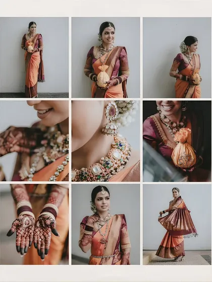 A celebration of the South Indian bride. This collage is a detailed look at her stunning bridal attire, from the intricate temple jewelry and beautiful henna to the elegant drape of her silk saree.