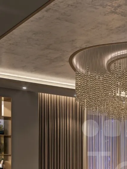 A detail shot of the textured ceiling and the top of the cascading chandelier. I believe every surface, including the ceiling, is an opportunity for thoughtful design.