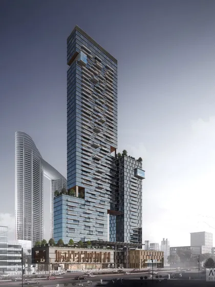 A photorealistic 3D exterior render of a skyscraper concept in Dubai. This daytime view highlights the building's complex glass facade and its integration into the existing urban skyline, demonstrating our ability to handle large scale architectural projects with precision.