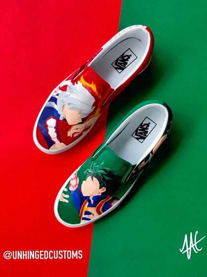 A My Hero Academia crossover on a pair of Vans Slip-Ons, with Shoto Todoroki on the red shoe and Izuku Midoriya (Deku) on the green.