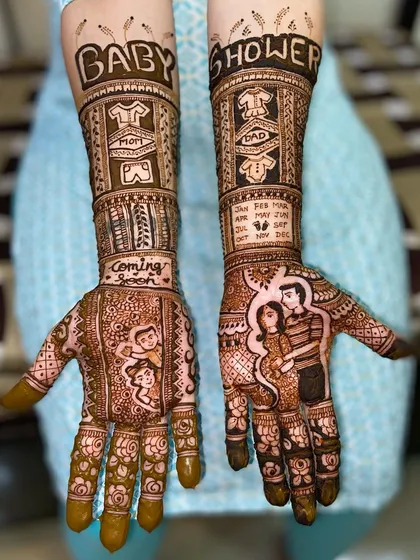 A complete story on the hands, this design includes couple portraits, 'Coming Soon' text, and baby-themed elements like little shirts for 'Mom' and 'Dad'.