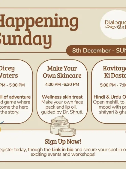 A "Happening Sunday" schedule featuring a D&D game, a DIY skincare workshop, and a Hindi & Urdu open mic, offering a diverse range of activities.