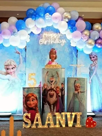 Let it go and enjoy the party. We created this immersive Frozen-themed winter wonderland, complete with character backdrops, themed props, and a stunning balloon arrangement, making Princess Saanvi's 5th birthday truly magical.
