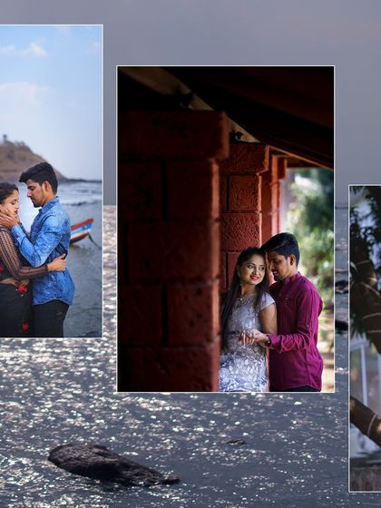 A collage of pre-wedding photos showcasing different moods, from a romantic embrace by the sea to a quiet moment near traditional architecture.