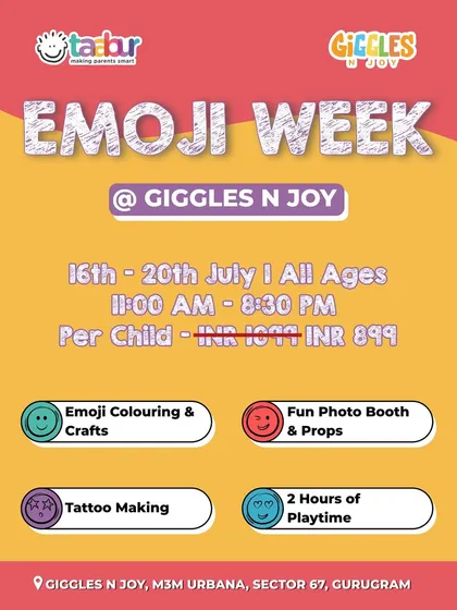 A detailed poster for Emoji Week at Giggles N Joy, listing all the fun activities like coloring, tattoo making, and a photo booth.