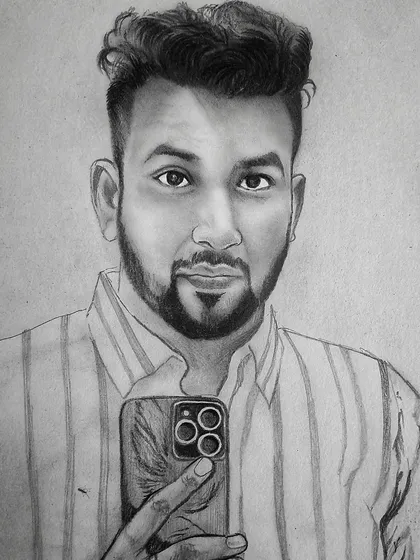 A modern self-portrait sketch drawn on A4 paper. This was a commission work where the client wanted a realistic drawing from their selfie, including details like the phone and striped shirt.
