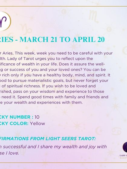 A wealth-focused weekly tarot prediction for Aries, reminding us that true richness includes a healthy body, mind, and spirit. My readings often blend material guidance with spiritual wisdom.