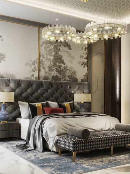 Exploring a grand master bedroom from multiple angles, this series showcases ornate details, including hand-painted wallpaper, crystal chandeliers, and classic furniture, all rendered to convey a sense of regal luxury.