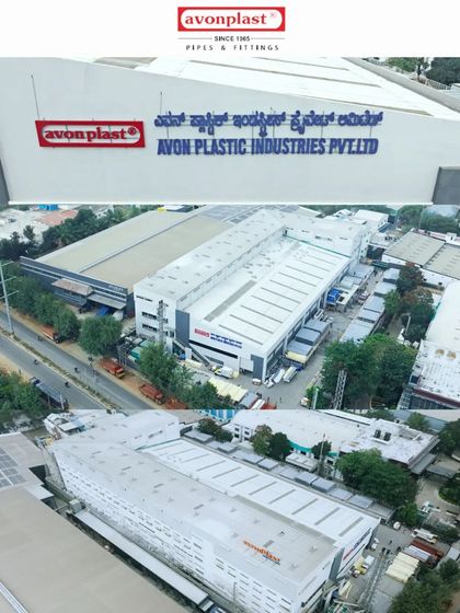 An aerial view of the Avonplast industrial facility in Bengaluru, capturing the factory building, signage, and surrounding area.