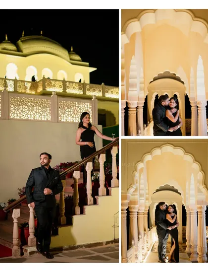 A glamorous night shoot for Harshil and Nishika at a resort. The building's beautiful lighting provides a sophisticated and elegant backdrop.
