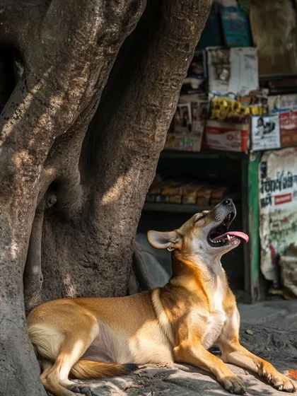 An indie dog yawns contentedly in the shade of a large tree, a peaceful moment in a busy city.