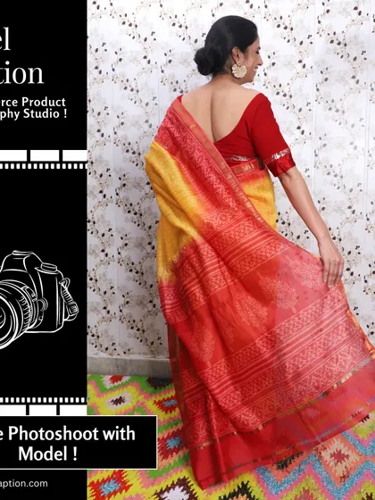 Showing the back of the saree and the blouse design is just as important. We take shots from multiple angles to provide a complete view for the online shopper.