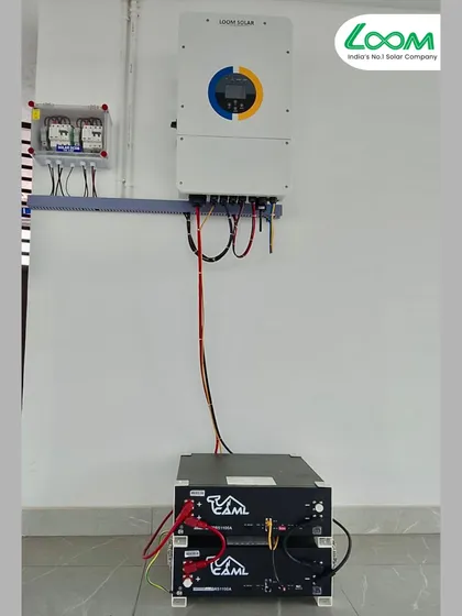 A powerful 10 kW solar system with stacked rack-mount lithium batteries installed in Mangalore, Karnataka. This setup is designed for zero power cuts and significant reductions in electricity bills for larger homes or small businesses.