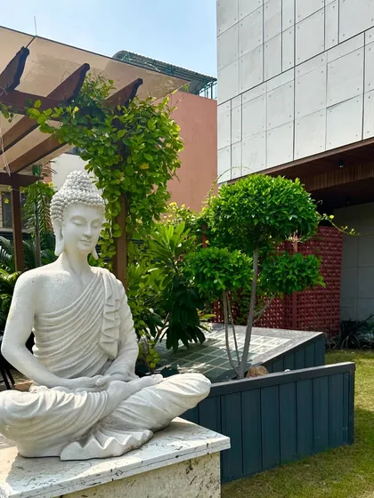 The Buddha statue framed by the pergola and a beautifully shaped topiary tree, creating a picture of serenity.