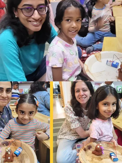 Smiles and creativity are what we are all about. This collage captures happy moments from our Gruffalo STEAM playdate, showing proud children and parents with the clay creatures they made together.