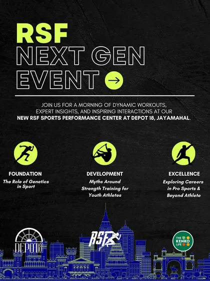 This is the main event poster for our "Next Gen Event" at our Jayamahal performance center. It outlines the three core pillars of the event: Foundation, Development, and Excellence, targeting parents and youth athletes to educate them on long-term athletic development.