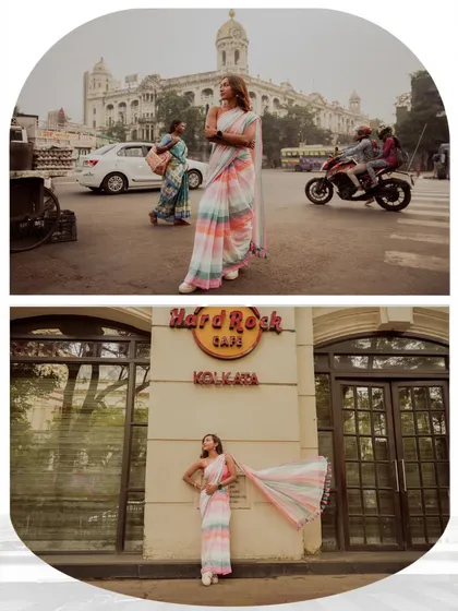 A diptych for AVA India, placing a modern, multi-colored saree against the backdrop of Kolkata's streets and the Hard Rock Cafe. It's a fusion of tradition and global pop culture.