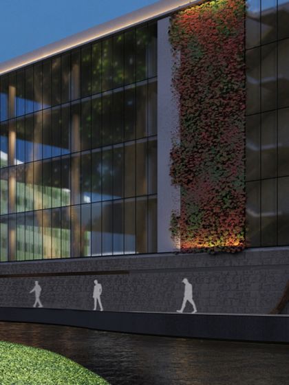 A rendering of a unique commercial project, where a vertical garden climbs the facade. The design is a testament to business excellence, creating an environment where professionalism meets architectural brilliance.