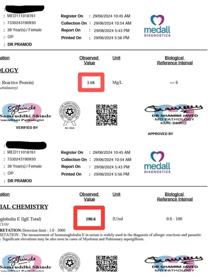 This report documents the progress of a 39-year-old female suffering from chronic allergic rashes and high inflammation markers (CRP and IgE). In just 20 days, our treatment protocol, including rational Panchakarma, brought her inflammation down and provided 70% relief from symptoms that years of conventional medicine couldn't solve.
