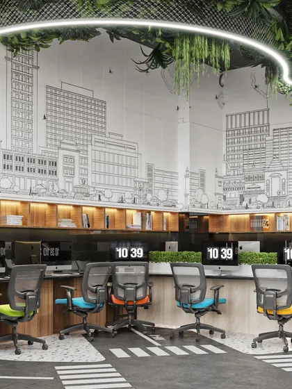 A concept for a modern, biophilic office workstation area. This visualization explores creative commercial design, featuring a custom ceiling with integrated greenery, unique floor patterns, and a city-scape mural to create an inspiring work environment.