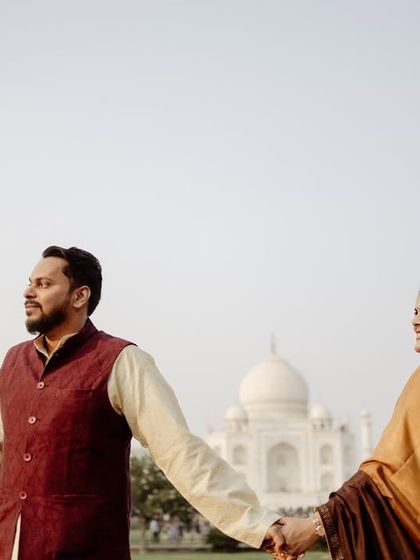 A "follow me to" style shot, leading the viewer towards the majestic Taj Mahal. This narrative style of photography tells a story of your journey together.