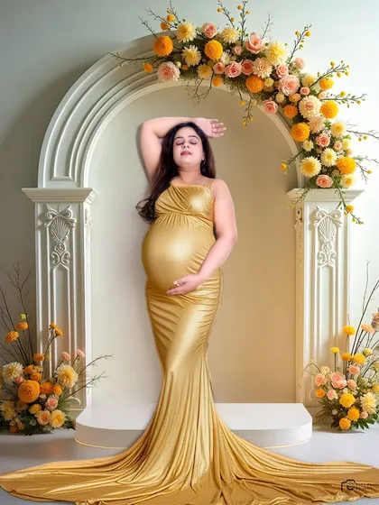 A glamorous solo maternity portrait featuring a stunning mom-to-be in a golden gown. The elegant floral arch and studio lighting highlight the beauty and glow of pregnancy.