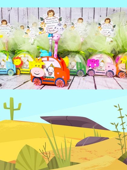 This jungle-themed pen stand hamper is filled with themed stationery and some sweet treats, all wrapped in netting with a personalized thank you tag.