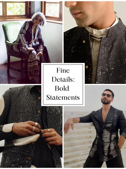 Hidden Gem Designer: Divyam Mehta. Their pieces are all about fine details that make bold statements. The intricate textures and unique prints are perfect for the fashion-forward couple.