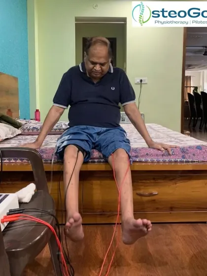 For patients who find it difficult to travel, I provide complete physiotherapy services at home. Here, I am using electrical muscle stimulation combined with active exercises to help a patient regain leg strength and improve his ability to walk after an illness.