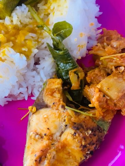 A simple lunch with pumpkin curry, greens from my garden, fish cooked with bamboo shoot, and a roasted chilli and Aneshi chutney.