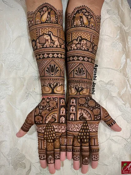 A beautiful design where every motif tells a story: peacocks for beauty, elephants for strength, swans for purity, and lotuses for grace.