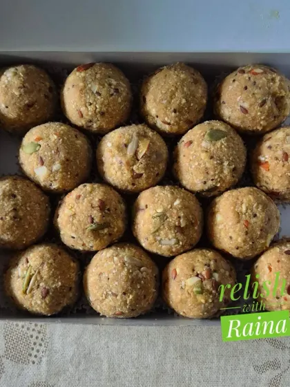 A box of Sattu Makhana Laddoos. They can be eaten year-round as a healthy and delicious snack.
