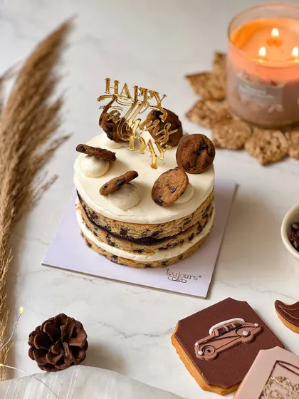 Our Gentlemen Cookie Cake for Father's Day, a layered chocolate chip cookie cake with vanilla ganache. It's a modern and fun cake for a dad who loves cookies.