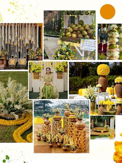 A moodboard to 'Refresh your summer' event, using yellow and white flowers, and natural elements like coconuts.