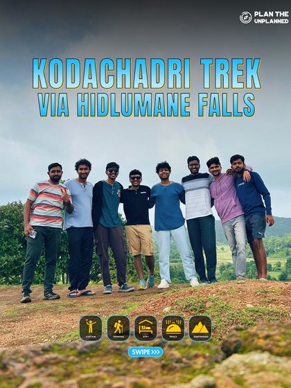 A group of friends enjoying the view on the Kodachadri trek. The journey via Hidlumane Falls is one of our most popular routes.