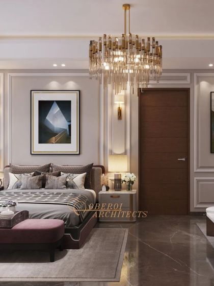 Another view of the master suite, highlighting the beautiful chandelier and the harmonious blend of textures and colors.