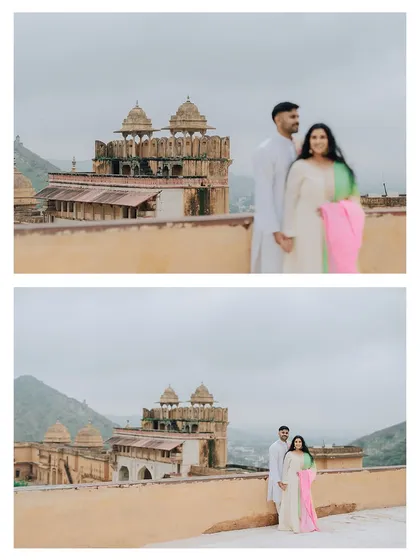 A pair of wide shots showing the couple posing against the magnificent view from the top of Amer Fort.