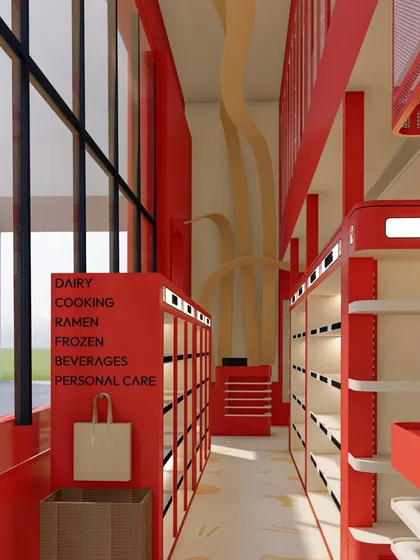 For the Ichiba Japanese retail store, we designed a space around compactness and clarity. The bold red steel frames and organized shelving create a rhythm that echoes the precision of a perfectly packed noodle box, turning a small footprint into a strong brand statement.