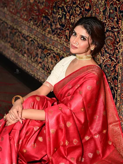 Actress Sauraseni Maitra in a gorgeous red silk saree for a Sangbad Pratidin shoot. The rich texture of the carpeted background complements the luxurious feel of the saree.
