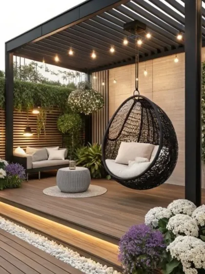 This garden lounge combines multiple seating options, including a sofa and a hanging egg chair, under a modern black pergola. The design is softened by abundant flowering plants, a vertical garden wall, and warm string lighting for a magical evening setting.