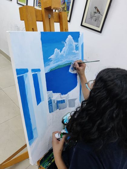 A series of images showing the progression of an acrylic seascape painting, from the initial blocking of colors to the addition of fine details.