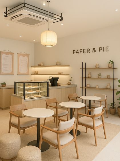 An AI-generated concept of a Paper & Pie cafe. This one features a clean, minimalist design with light wood and our signature pastry display.