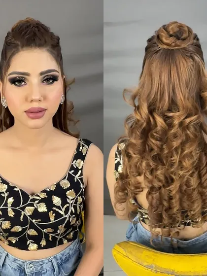 A front and back view of a half-updo with a top knot and tight curls.
