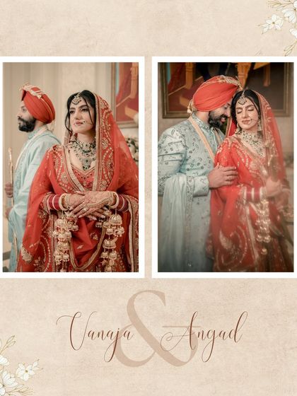 A diptych of Vanaja and Angad, capturing a solo portrait of the bride and a romantic moment with her groom.