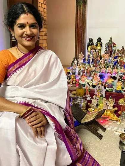 Another picture from the first day of Navaratri celebrations. The beautiful Orissa silk sari I am wearing reflects the rich textile traditions of India, which are as much a part of our culture as dance and music.