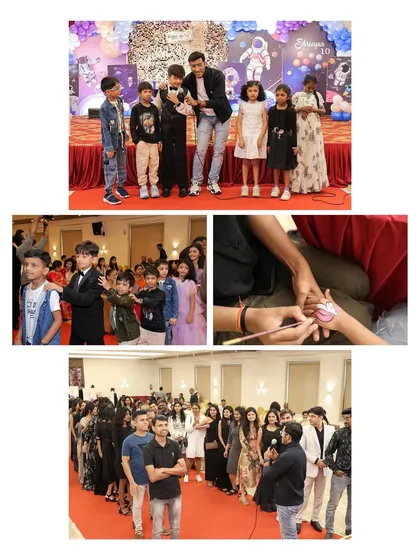 A party is all about the fun and games. This collage shows me capturing the entertainment, including a magic show with kids on stage, face painting, and the crowd of guests enjoying the event. I document all the activities you've planned.