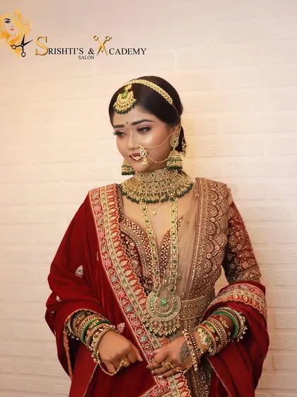 A graceful pose showing the complete bridal ensemble. We teach our students how to consider the entire look, from makeup to outfit and jewelry.
