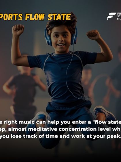 Music helps children enter a "flow state," a deep level of concentration where they can perform at their peak. This image of a joyful, jumping child with headphones captures that feeling of being lost in the music.
