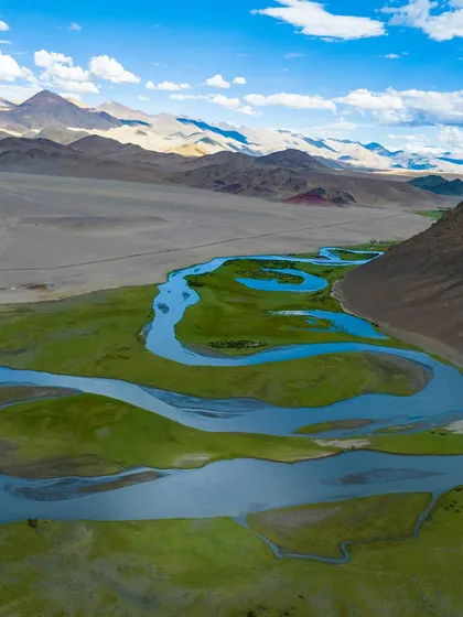 A river snakes through a green valley in Ladakh, a rare burst of life in the high-altitude desert. This aerial photo highlights the surprising diversity of the Ladakhi landscape.